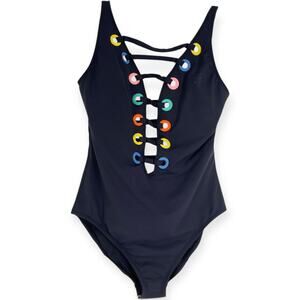 Bleu Rod Beattie Mio Black Rainbow Lattice Criss Cross Plunge Cut Out Swimsuit 6